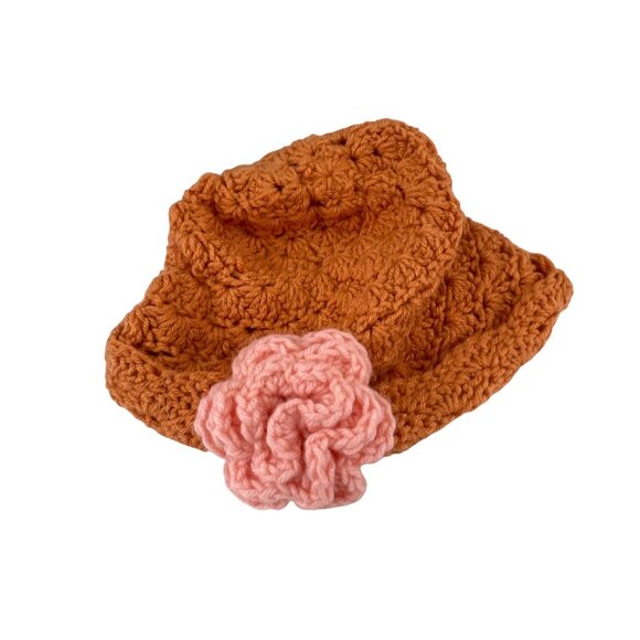 Handcrafted Crochet Baby Hat With Pink Flower Accent In Soft Brown - Picture 1 of 7